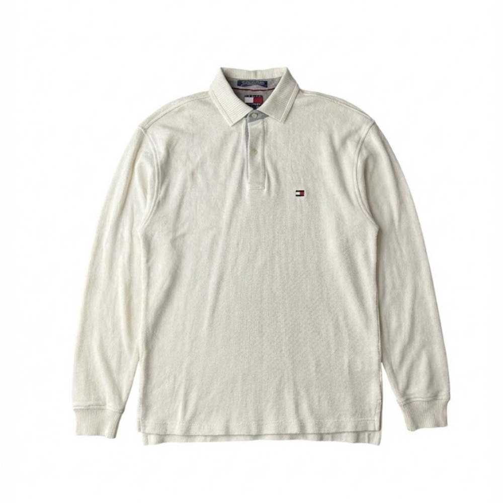 Tommy Hilfiger Vintage Cream Long Sleeve Polo Cotton Rugby Style Quarter Button